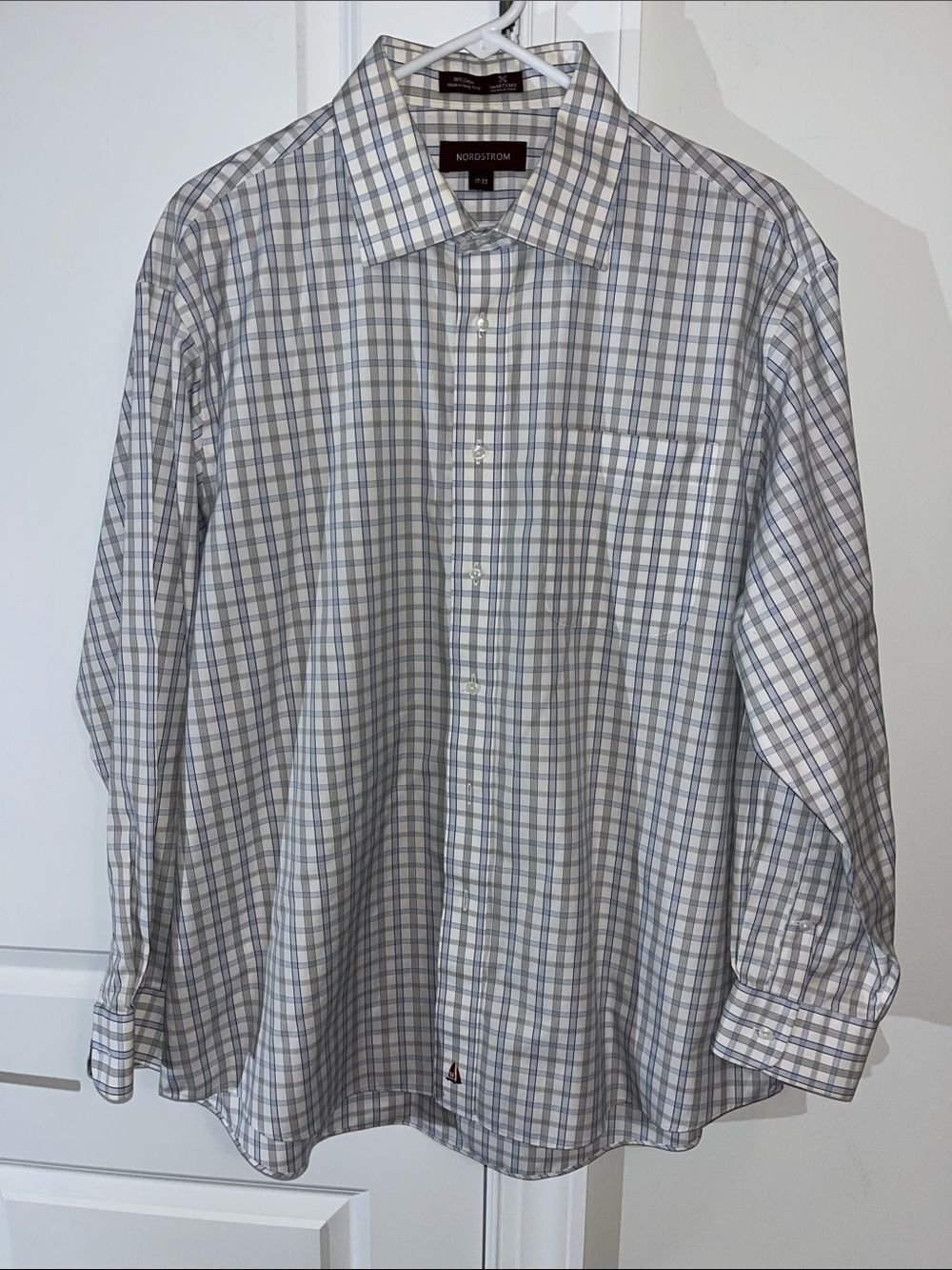 Nordstrom wrinkle free smartcare dress work shirt 17 x 33 Blue Gray White Plaid